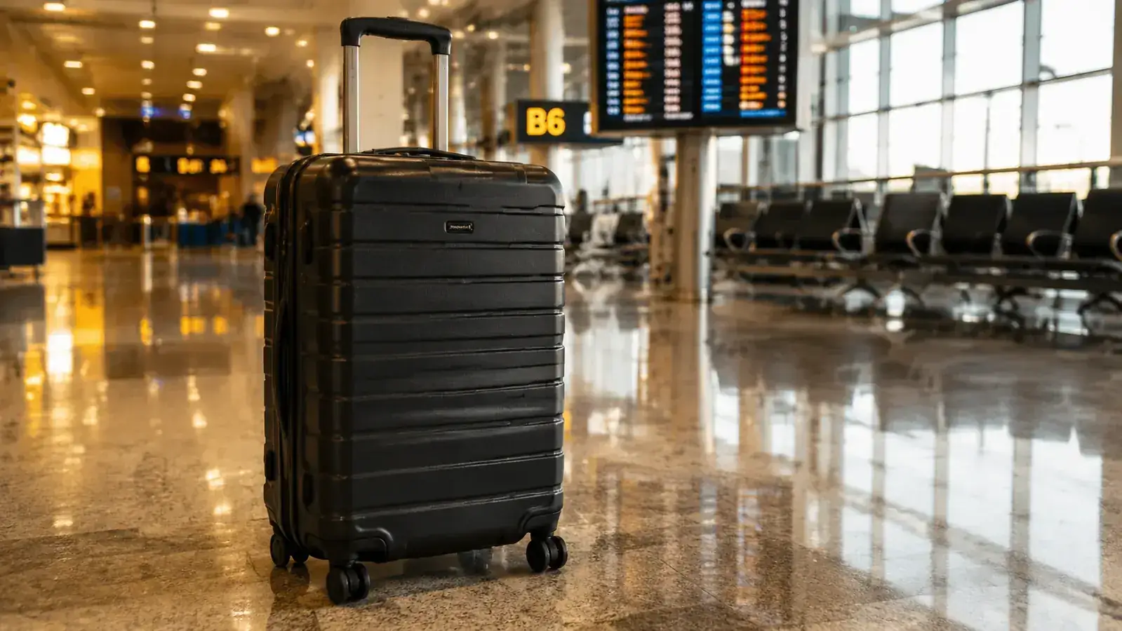 Black Travelpro Maxlite 5 carry-on standing upright at an airport gate with departure boards in the background